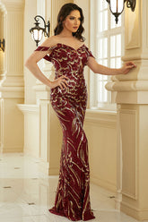 Elegante vestido de noche formal de sirena con hombros descubiertos en rojo